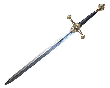 Elegant fantasy sword with ornate gold detailing and a reflective silver blade on display