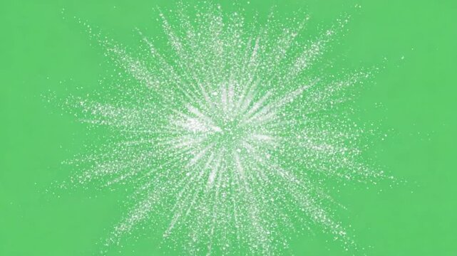 Explosive Burst on Emerald Canvas: An abstract display of sparkling white particles radiating outwards from a central point against a vibrant green backdrop.