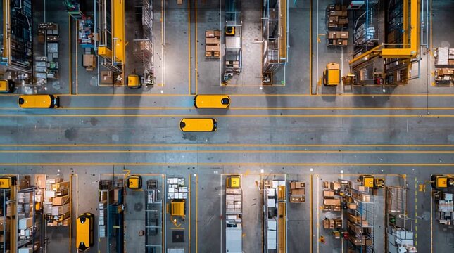 Top-down drone view of a highly organized warehouse floor where intelligent AGV robots navigate complex routes flawlessly, guided by a central AI system to ensure efficiency, precision, and zero colli