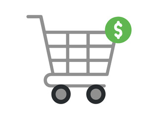 A simple red shopping cart icon with wheels representing commerce and retail isolated on transparent background