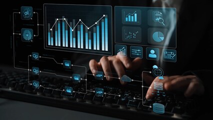 Fototapeta premium Data flow from database and cloud to processing and analytics dashboards, representing data analysis, automation, insight generation, and digital intelligence Marrow