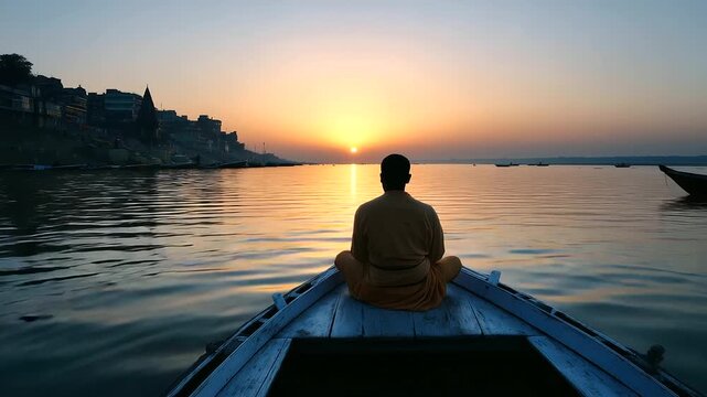 A solitary Indian holy man drifting in a boat on the Ganges at dusk, silhouetted against the temples of Varanasi