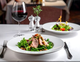 Gourmet salad with wine.  A plated salad, featuring sliced meat, and mixed greens, served with a glass of red wine.  Table setting is elegant