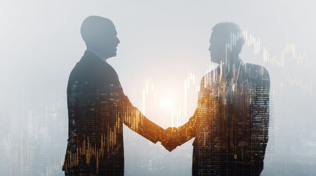 business deal concept with businessmen handshaking and digital display with forex chart graphs quotes and growing diagram double exposure no logos no brands ar 169