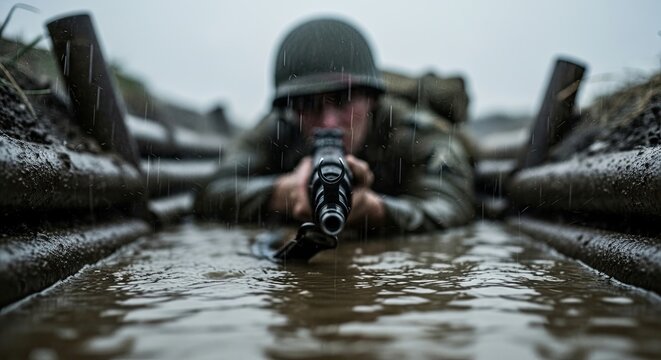 Soldier in a muddy trench aims a rifle in the rain