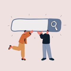 Cartoon vector illustration of a woman and man holding a search bar as a metaphor for seeking knowledge, connection, and purpose