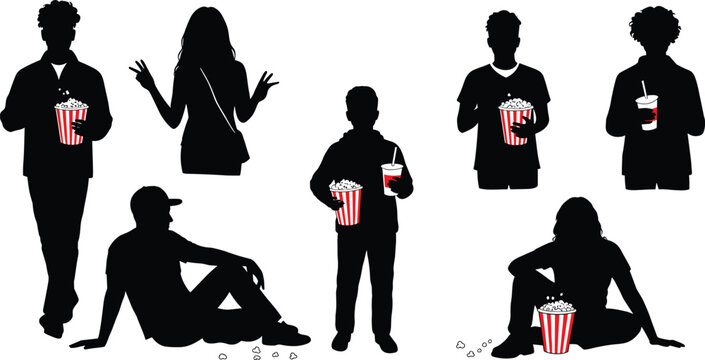 Silhouette people eating popcorn, drinking soda, cinema snack concept, movie night entertainment, black figures with red striped popcorn buckets, isolated background - Powered by Adobe