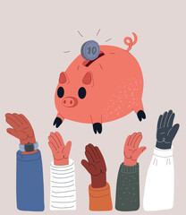 Cartoon vector illustration of people raising hands toward a piggy bank above the crowd as a metaphor for shared goals, saving, and collective aspiration