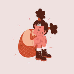 Cartoon vector illustration of a sad girl sitting with her knees hugged as a metaphor for loneliness, anxiety, and emotional vulnerability