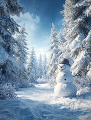 Fototapeta premium festive snowman stands tall in a winter wonderland trees heavy with snow frame a bright blue sky