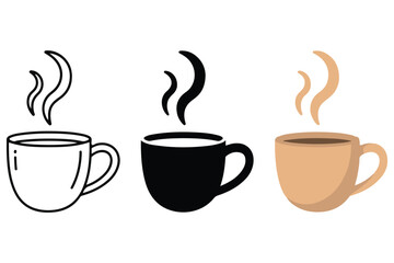 Obraz premium Three coffee cups hot beverage steam different styles outline silhouette color drawing silhouette