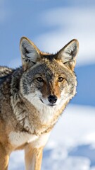 Fototapeta premium Portrait of a Coyote Against a Snowy and Cloudy Backdrop