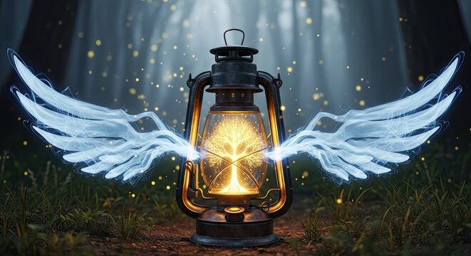 Enchanted Lantern with Glowing Tree of Life and Ethereal Wings in Forest
