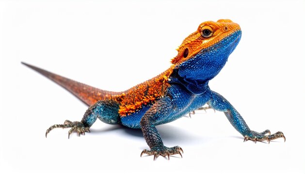 Colorful Mwanza Flat-Headed Rock Agama Lizard on White Background.