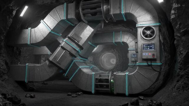 Closeup medium view of large metal ducts integrated into a mines ventilation network showing improved airflow technology for anthracite coal extraction.