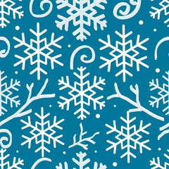 Seamless flat pattern with frost patterns and snowflakes, stylized ice branches and curls, light blue and white color palette.