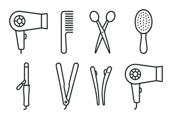 Obraz premium Silhouette of hair styling tools: hairdryer, comb, scissors, brush, and curling iron