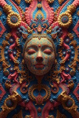 Fototapeta premium Ornate Divine Being With Closed Eyes Surrounded By Intricate Colorful Patterns