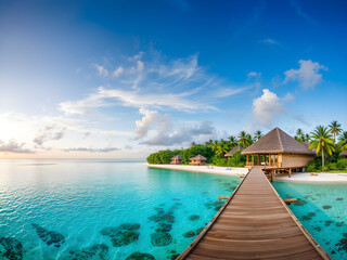 A beautiful beach with a wooden pier and a few small houses