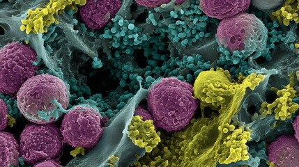 Ultra high resolution electron microscopy of pancreatic cancer cells invading surrounding healthy tissue highlighting abnormal cell membranes dense nuclei