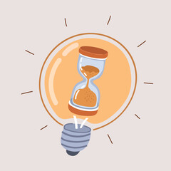 Cartoon vector illustration of an hourglass inside a light bulb as a metaphor for time, ideas, and innovation