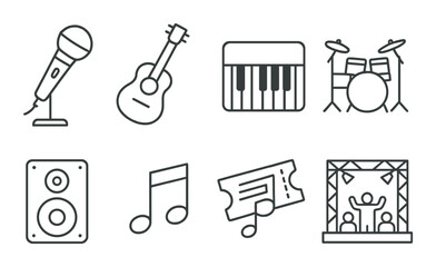 Music icon set: microphone, guitar, piano, drums, speakers, notes, tickets, stage