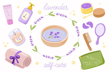 Vector set of lavender-themed spa and self-care items: mirror, comb, soap, cream, candle, towel, patches, bowl with lavender water,  wreath with bow. Organic beauty design for tag, card, print, brand