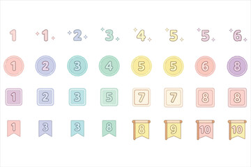Vector art of collection of number icons in various styles and colors, including pastel colors