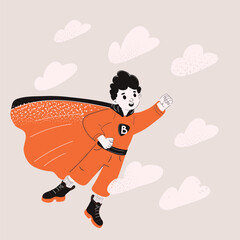 Cartoon vector illustration of a boy dressed as Superman flying in the sky as a metaphor for courage, dreams, and limitless possibilities