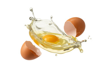 Eggs breaking and splashing on a transparent background creating a dynamic scene of action