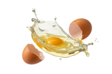 Eggs breaking and splashing on a transparent background creating a dynamic scene of action