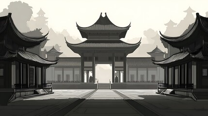 Majestic traditional chinese temple architecture with pagoda roofs and courtyard