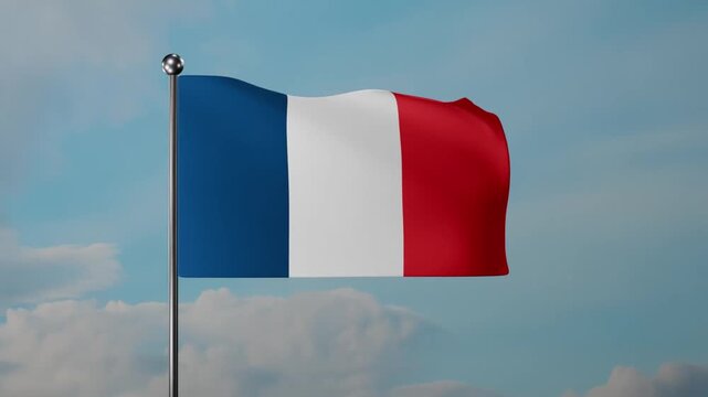 A waving French flag on a tall pole against a clear blue sky. Blue, white, and red stripes represent liberty, equality, fraternity, and national pride.
