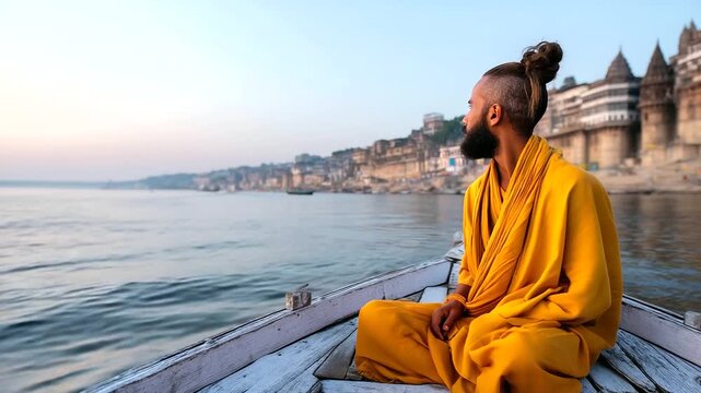 Indian sadhu monk in saffron robes riding a small wooden boat along the Ganges River at sunset, historic Varanasi ghats and temples in background, spiritual ambience and golden lig