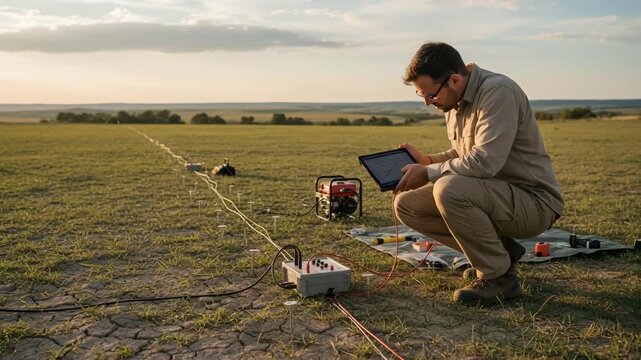 Medium shot of a scientist monitoring electrical resistivity instruments deployed along a survey line to measure subsurface conductivity