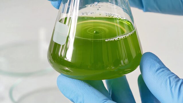 Close-up of a biologist swirling a flask containing green algae culture in a laboratory. The shot captures hands in blue nitrile gloves with soft lighting and precise scientific detail.