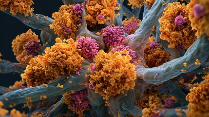 Ultra detailed 3D model of astrocytoma brain tumor cell infiltrating surrounding neural tissue highlighting glial cell mutations