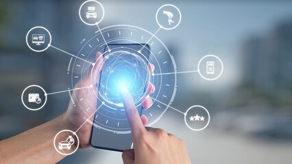 Online car rental service with booking, GPS, key handover and vehicle sharing icons representing modern mobility, travel convenience and digital rental platforms. Gist
