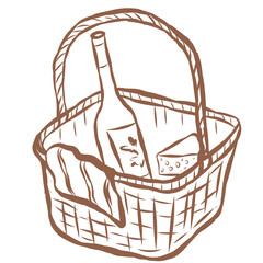 Line Art of Basket with Wine Illustration. Hand-Drawn Doodle.