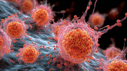 Ultra detailed 3D model of astrocytoma brain tumor cell infiltrating surrounding neural tissue highlighting glial cell mutations