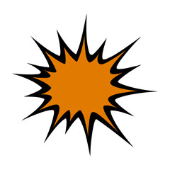 Bright orange starburst shape with sharp points isolated on a solid black background representing energy or impact