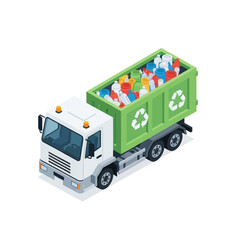 Eco-friendly garbage truck carrying plastic bottles for recycling, modern recycling truck transporting waste