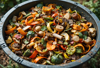 Compost bin filled with colorful vegetable peels and garden waste