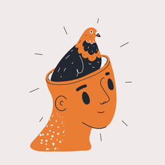 Cartoon vector illustration of a dove inside a human head as a metaphor for peace, inner freedom, and harmony of mind