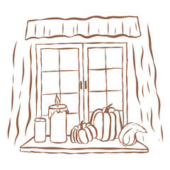 Line Art of Window with Pumpkins Illustration. Hand-Drawn Doodle.
