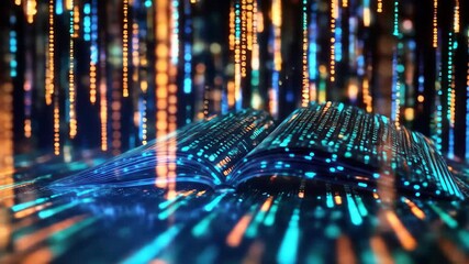 Futuristic open book with pages showing glowing blue/orange digital data streams and code - Powered by Adobe