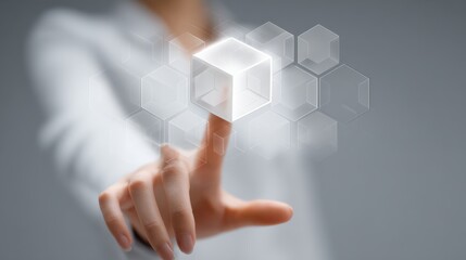 businesswoman hand touch cube as symbol of problem solving  no logos no brands ar 169