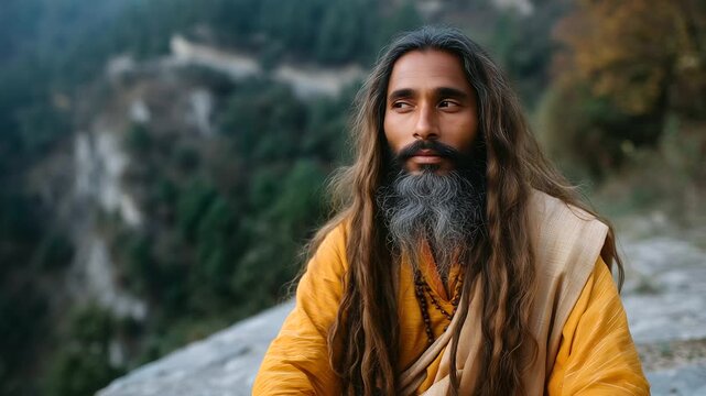 Portrait of an Indian holy man with long hair and beard, sitting outdoors in mountains, concept of wisdom, mysticism, and ascetic spirituality. indian holy man, mystic portrait, sa