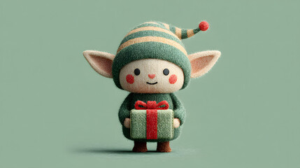 Cute Christmas Elf Character with Gift Box for Holiday Greeting on a Green Background