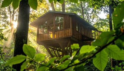 Treehouse nestled in a sunlit forest
